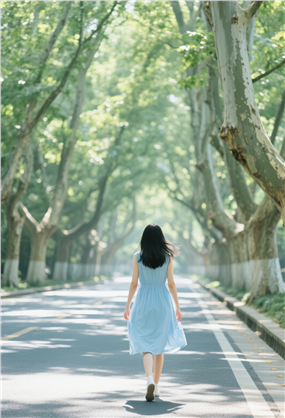 南京梧桐树街道少女背影写真图片